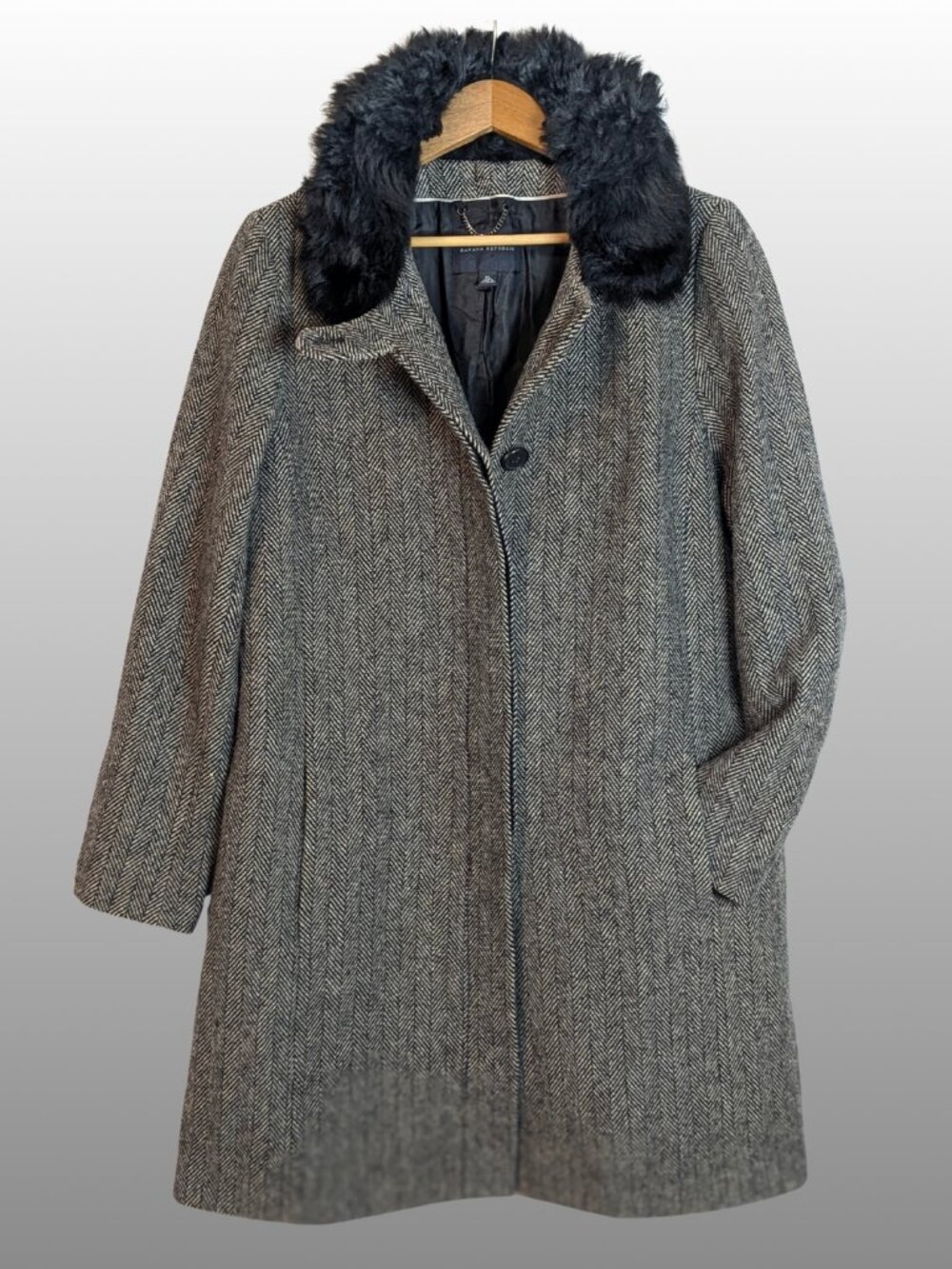 BR Herringbone Wool Italian Shearling Collar Coat XL Y2K Heritage Old Money EUC - Picture 3 of 17